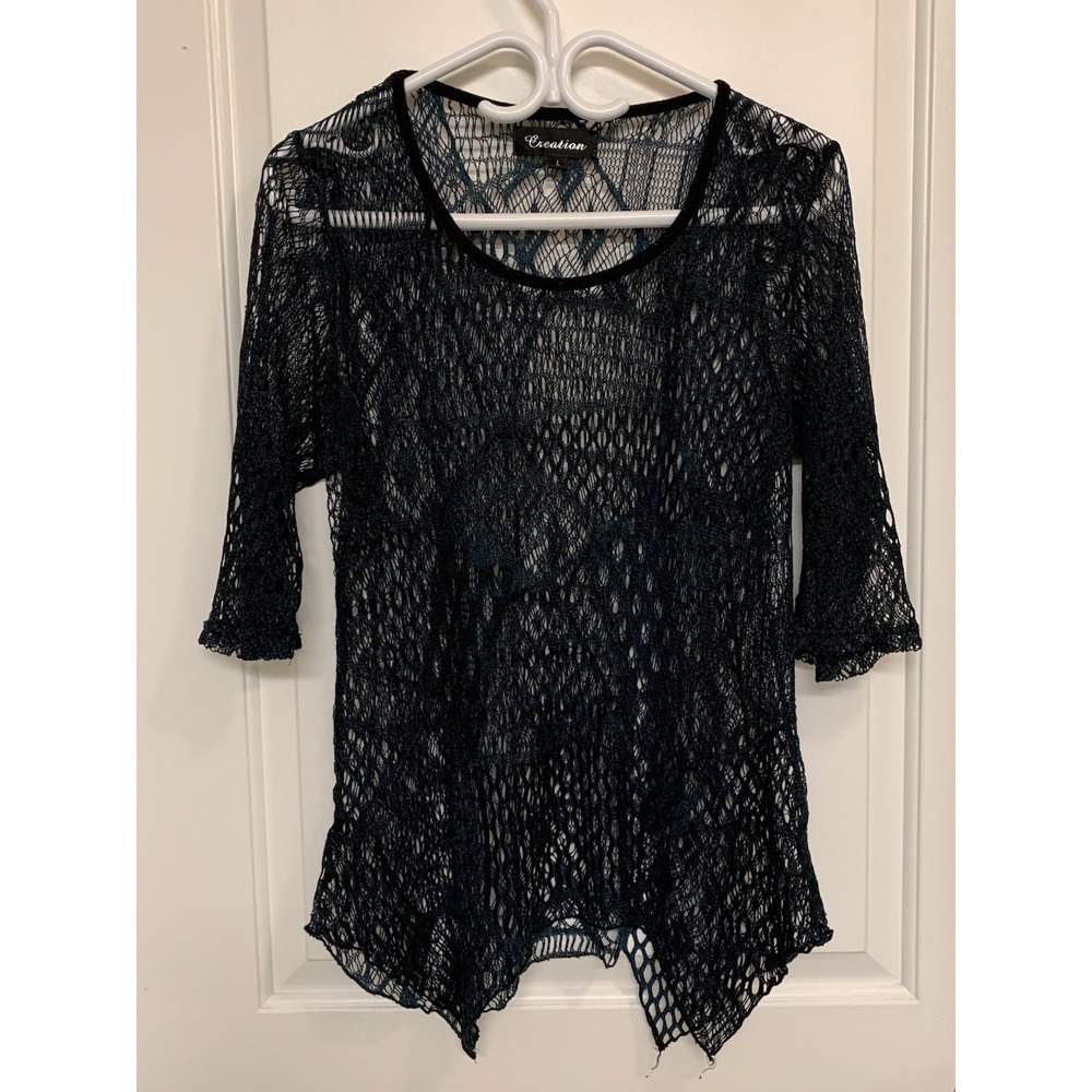 VTG 90s Y2K Creation Mesh Top Teal Black Fishnet Open Knit Crochet Whimsigoth